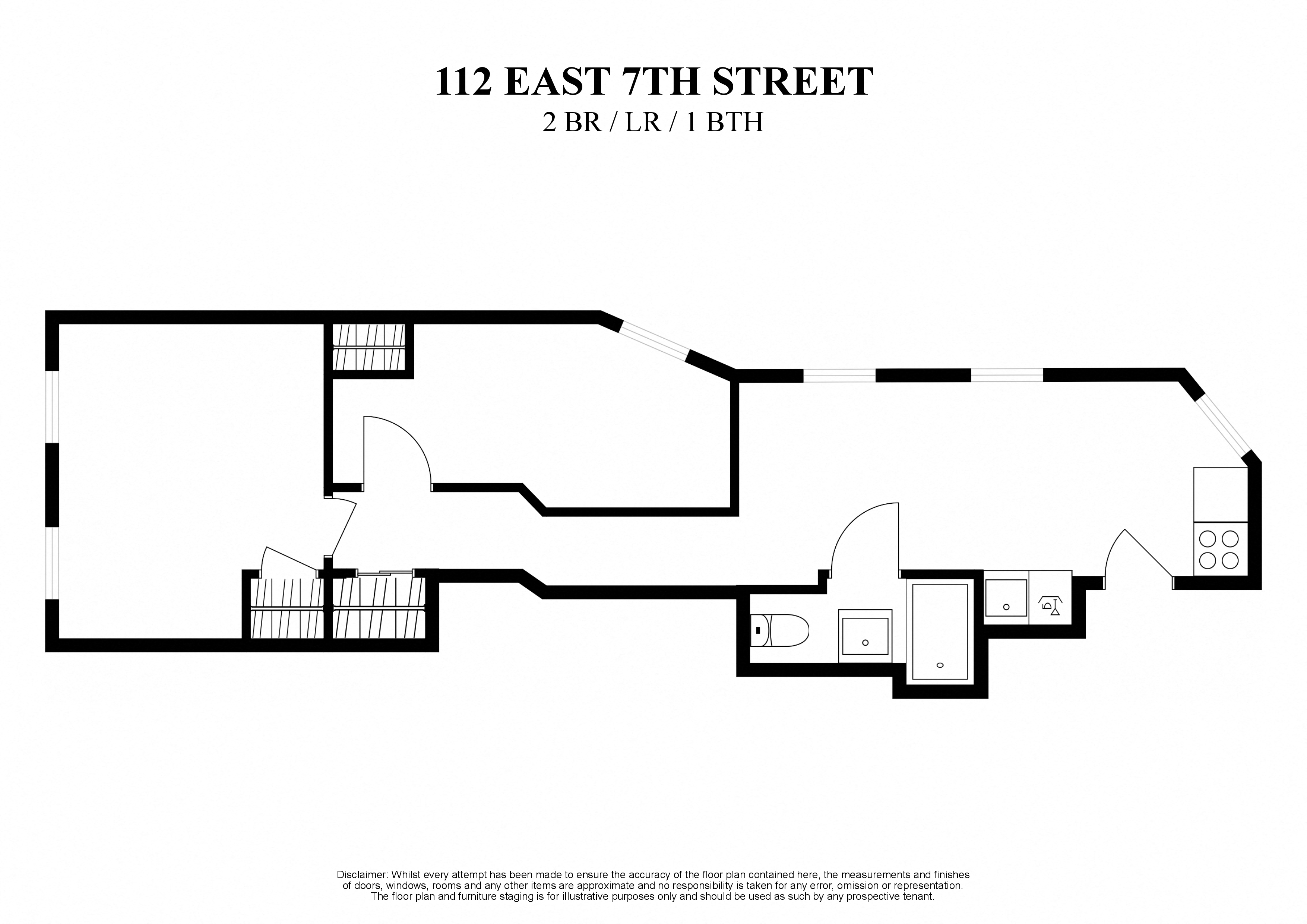 2D floor plan for 2 bedroom, living room, one bath at 112 East 7th Street New York